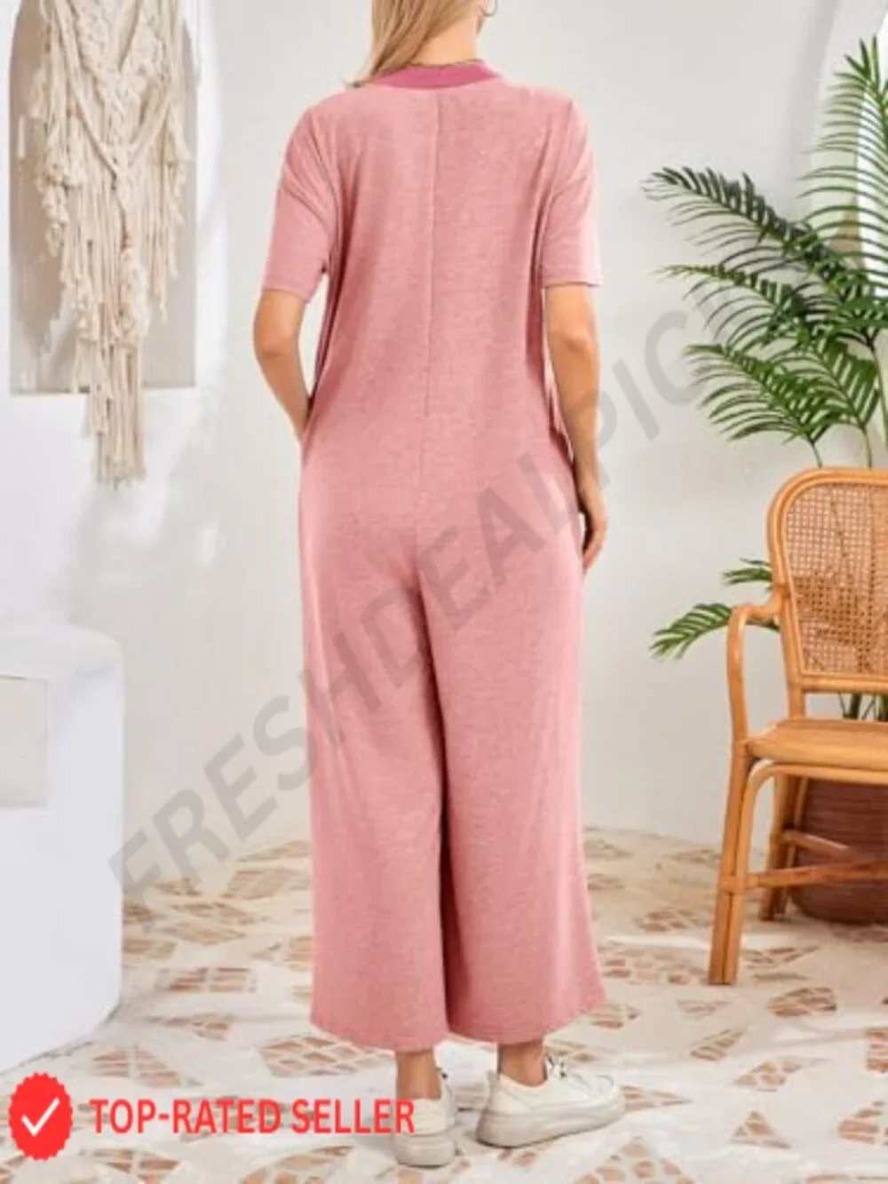 Women's Casual Loose Wide Leg Jumpsuit Short Sleeve V-Neck Button Romper